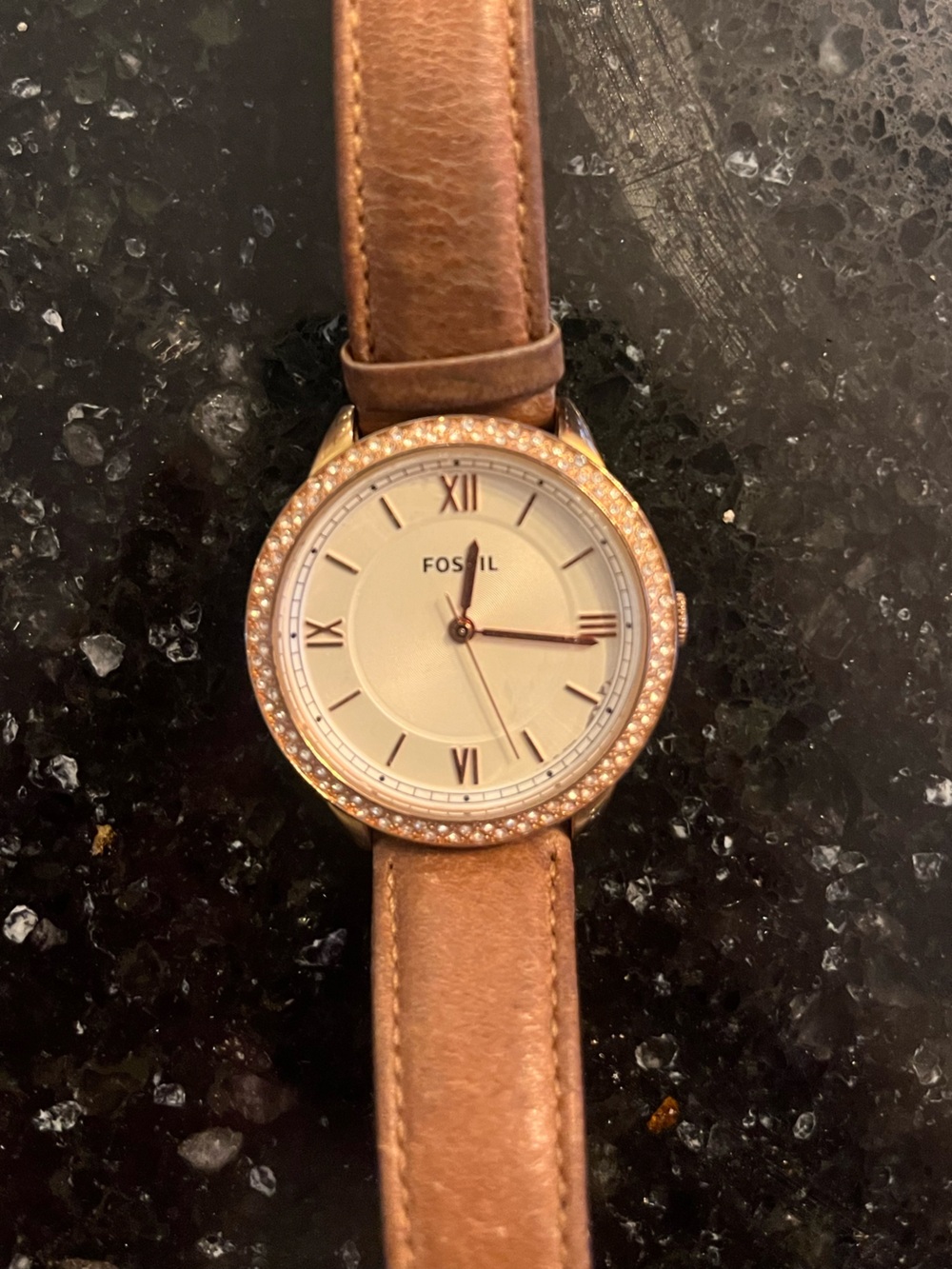Fossil Rose Gold Crystal Bezel with Brown Leather Strap